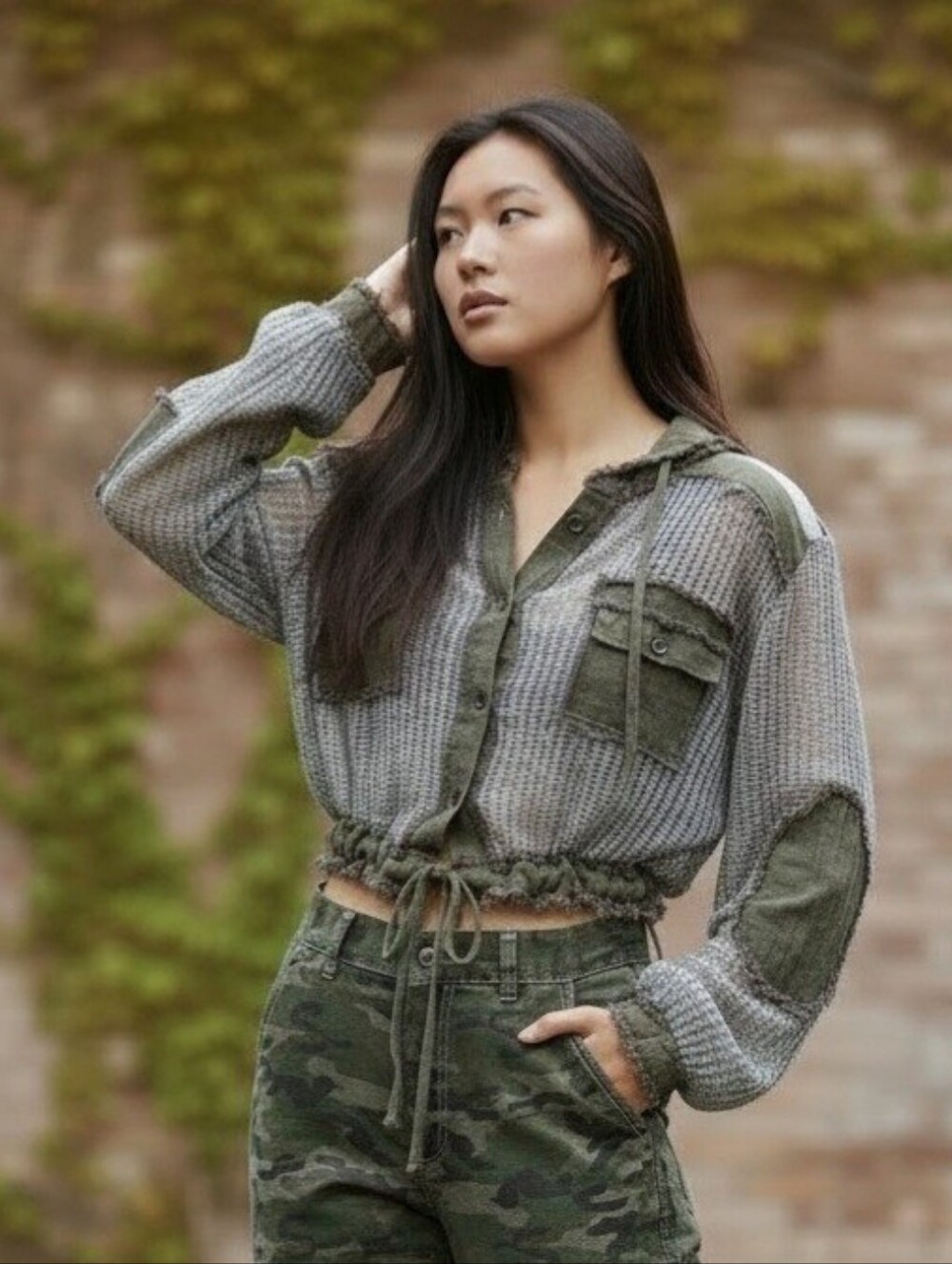 Open Knit Button Down Pocket Front Hooded Shirt By POL